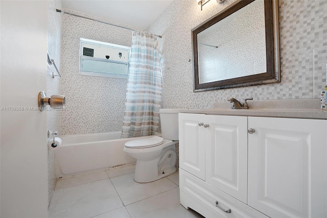 full bathroom featuring toilet, vanity, shower / tub combo with curtain, and tile patterned flooring