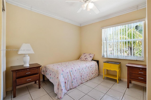 bedroom with ceiling fan, light tile patterned flooring, and ornamental molding