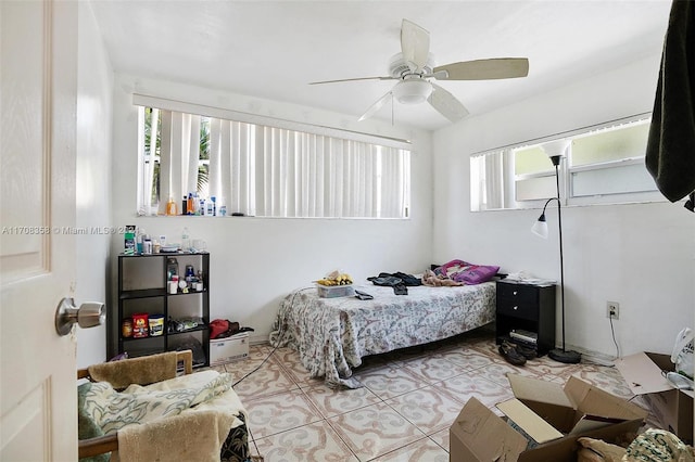 bedroom with ceiling fan and multiple windows