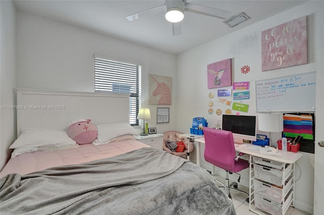 bedroom featuring visible vents, ceiling fan, and baseboards