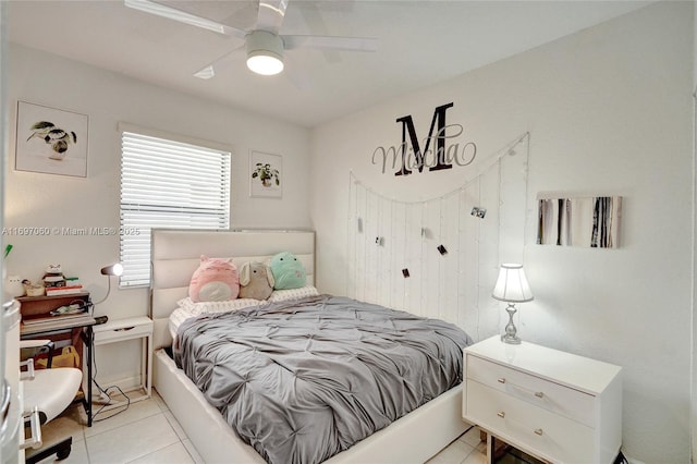 bedroom with light tile patterned floors and ceiling fan