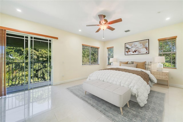 bedroom featuring access to outside, ceiling fan, and light tile patterned flooring