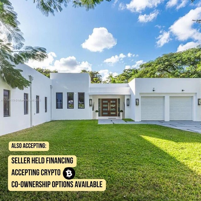 1120 Wallace St, Coral Gables, FL 33134 - view of front of property featuring stucco siding, a front lawn, and an attached garage