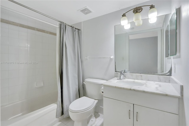 full bathroom featuring tile patterned flooring, shower / bath combination with curtain, vanity, and toilet