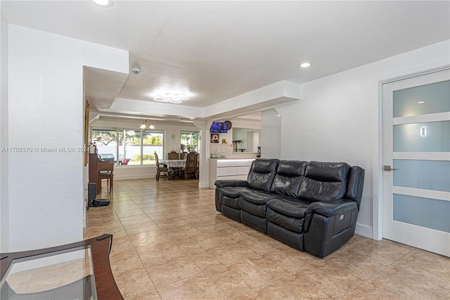 living room featuring light tile patterned floors