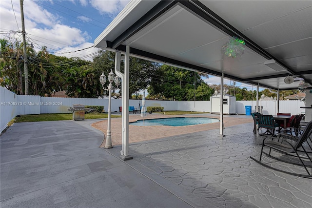 view of swimming pool with a patio and a storage shed