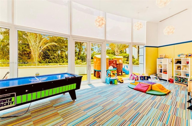 playroom with a towering ceiling, carpet, and floor to ceiling windows