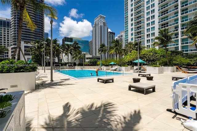 view of swimming pool with a patio area