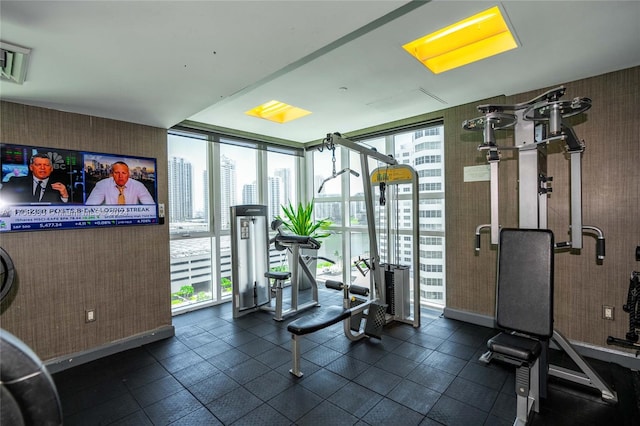 workout area featuring wood walls and expansive windows