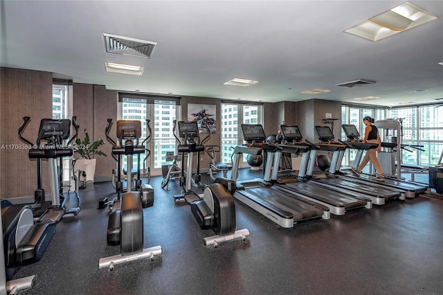 exercise room with plenty of natural light and a wall of windows