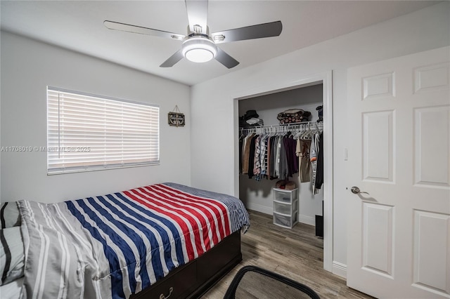 bedroom with ceiling fan, hardwood / wood-style floors, and a closet