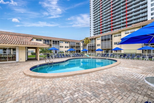 view of pool featuring a patio and fence