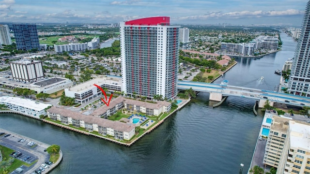 aerial view with a water view and a city view