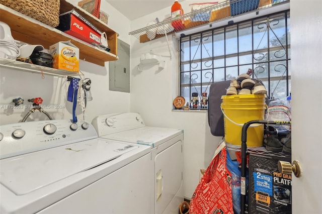 washroom featuring electric panel and washing machine and clothes dryer