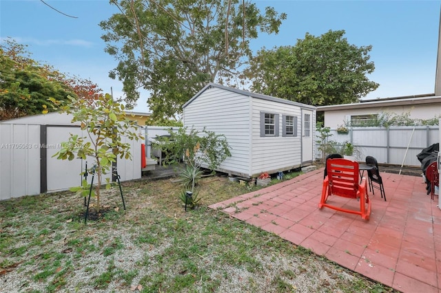 view of yard featuring a patio area and a storage shed