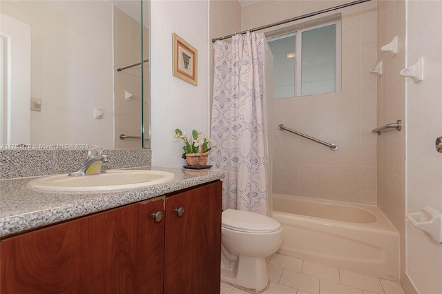 full bathroom with tile patterned floors, vanity, shower / bath combination with curtain, and toilet