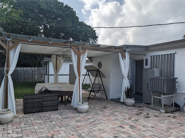 view of patio with fence, an outdoor hangout area, and outdoor dining area
