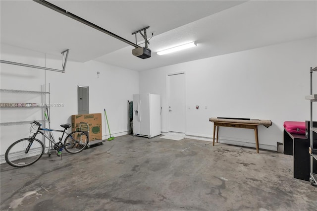 garage featuring electric panel, white refrigerator with ice dispenser, and a garage door opener