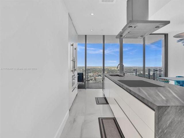 kitchen with stainless steel oven, ventilation hood, black electric cooktop, sink, and white cabinetry