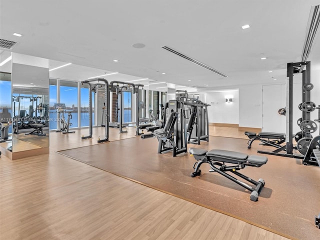 gym featuring expansive windows, light hardwood / wood-style flooring, and a water view