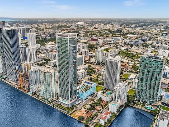 aerial view featuring a water view