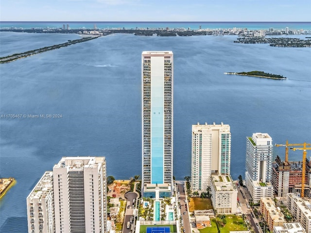 aerial view featuring a water view