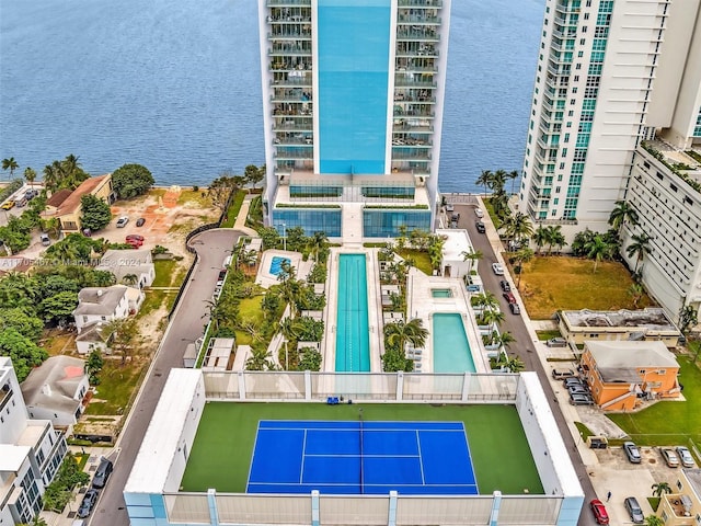 birds eye view of property featuring a water view