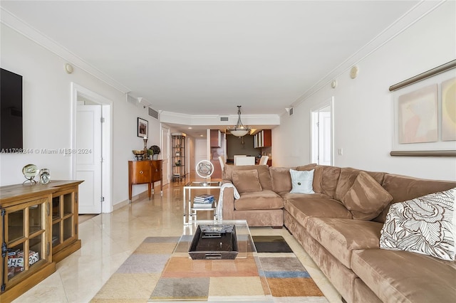 living room with crown molding