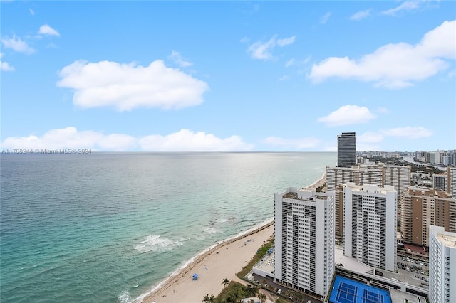 bird's eye view with a water view and a view of the beach