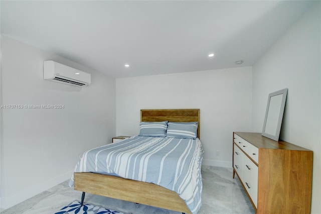 bedroom featuring light carpet and a wall unit AC