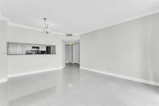 unfurnished living room featuring an inviting chandelier, light tile patterned floors, and ornamental molding