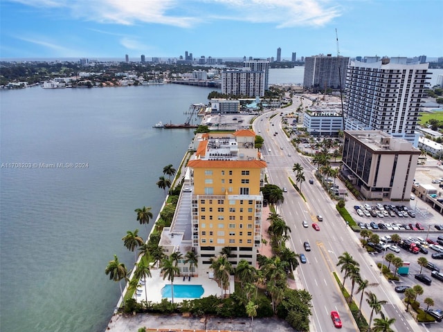 aerial view featuring a water view