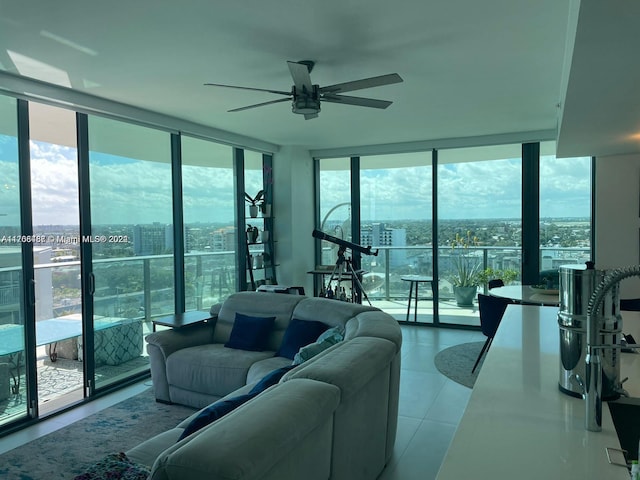 tiled living room with expansive windows and a wealth of natural light