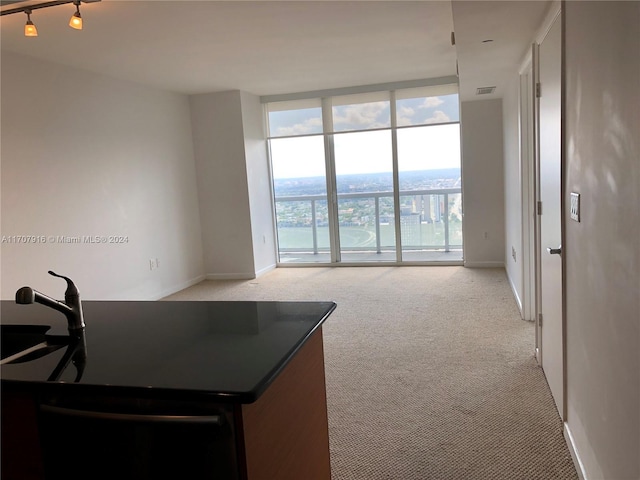 kitchen with light carpet and floor to ceiling windows