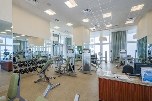 gym featuring a towering ceiling, a healthy amount of sunlight, and a wall of windows