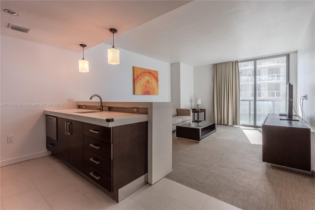 kitchen featuring light carpet, expansive windows, sink, hanging light fixtures, and dark brown cabinets