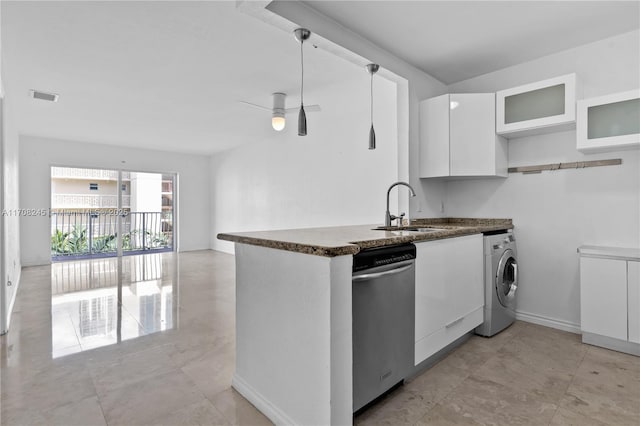 kitchen with washer / clothes dryer, white cabinetry, sink, stainless steel dishwasher, and ceiling fan