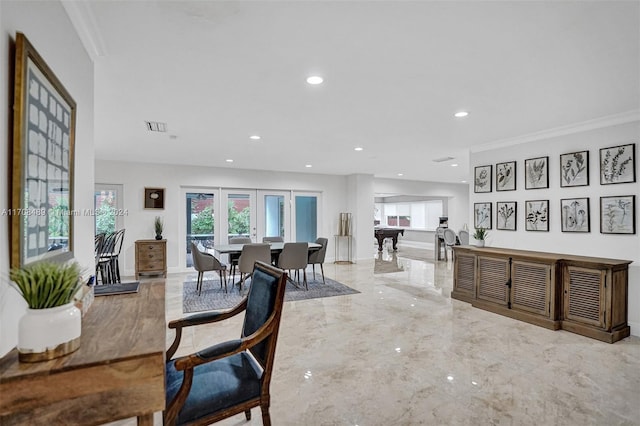 dining room featuring ornamental molding and billiards