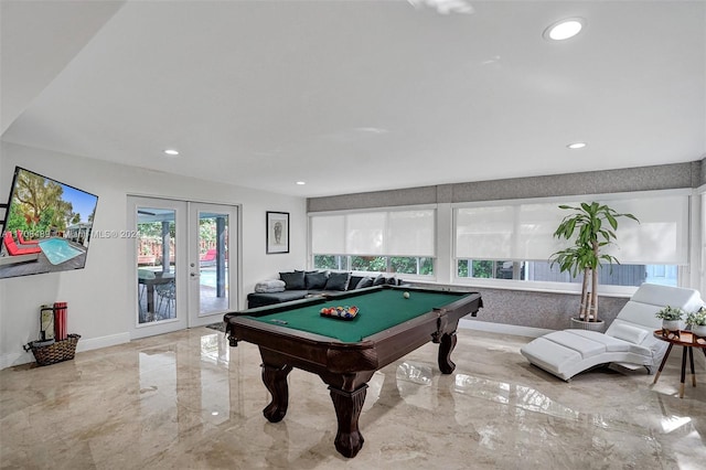 rec room featuring french doors and billiards