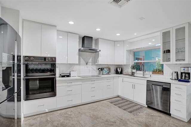 kitchen with wall chimney exhaust hood, sink, white cabinetry, and stainless steel appliances