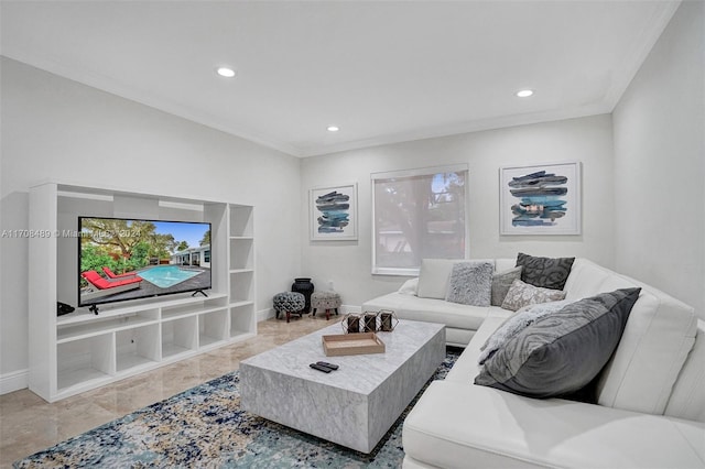 living room with ornamental molding