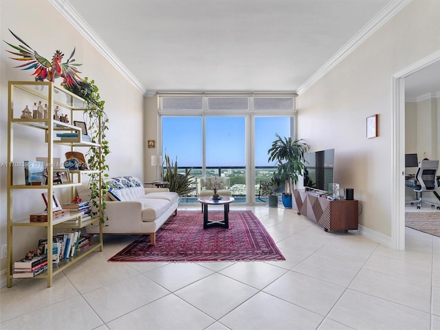 tiled living room featuring crown molding and a wall of windows