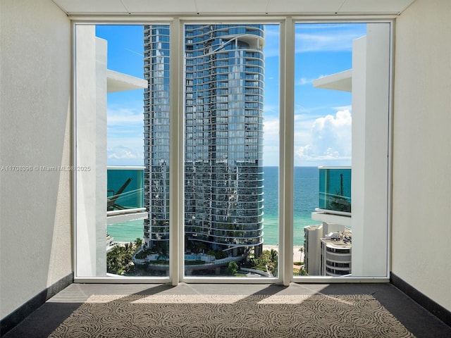 interior space featuring a water view, floor to ceiling windows, and carpet flooring