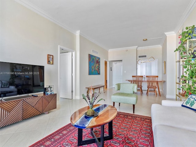 tiled living room with crown molding