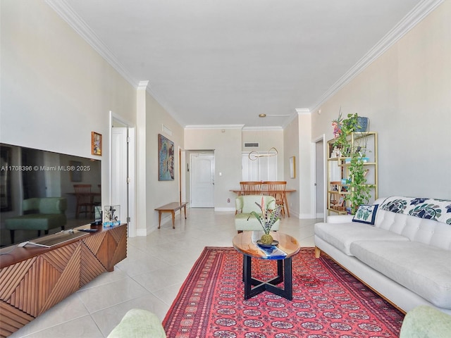 living room featuring crown molding and light tile patterned flooring