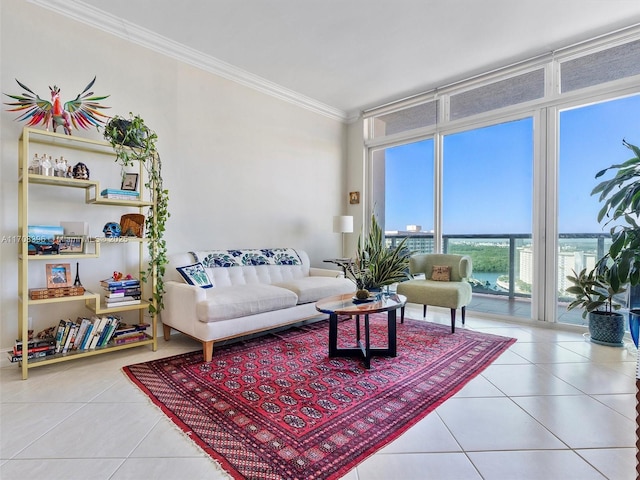 tiled living room with expansive windows and ornamental molding