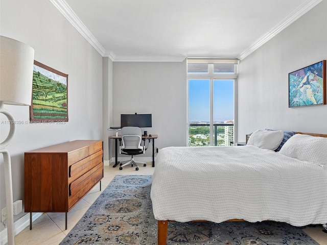 bedroom featuring crown molding and light tile patterned flooring