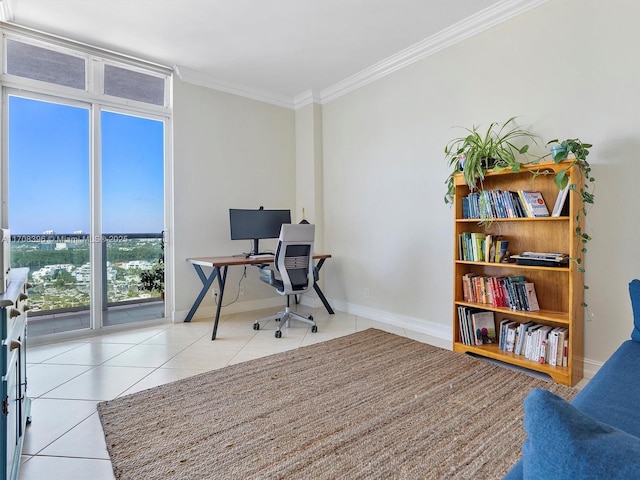 tiled office space featuring ornamental molding