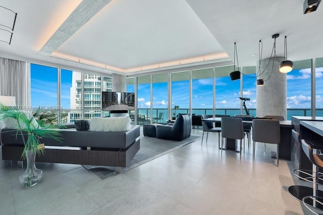 living room featuring a raised ceiling and expansive windows