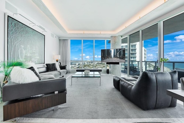 carpeted living room featuring expansive windows